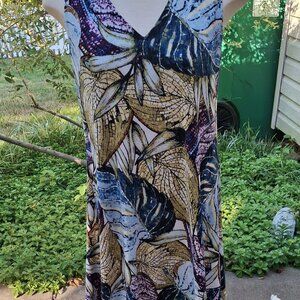 Anne Klein SZ 10 A-Line Dress Sleeveless Stretch V-Neck Leaf Print Lined Multi